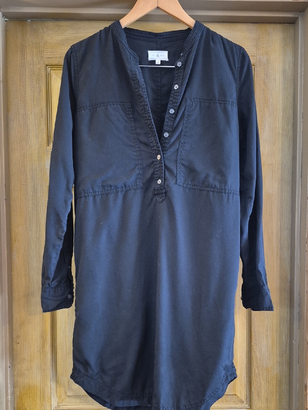 Lou & Grey Long Sleeve Black Shirt Dress Size Small Pockets Button 1/2 Way Front